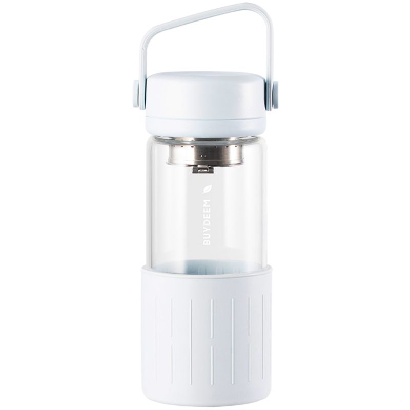 Szklana butelka z zaparzaczem BUYDEEM DG42 300 ml szkło borokrzemowe stal nierdzewna szczelna pokrywka pastelowy szary 1 szt.