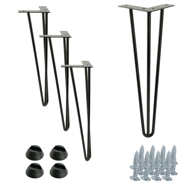Zestaw nóżek meblowych B&B typu Hairpin wysokość 41 cm 3 pręty kolor czarny ze stopkami plastikowymi 4 szt