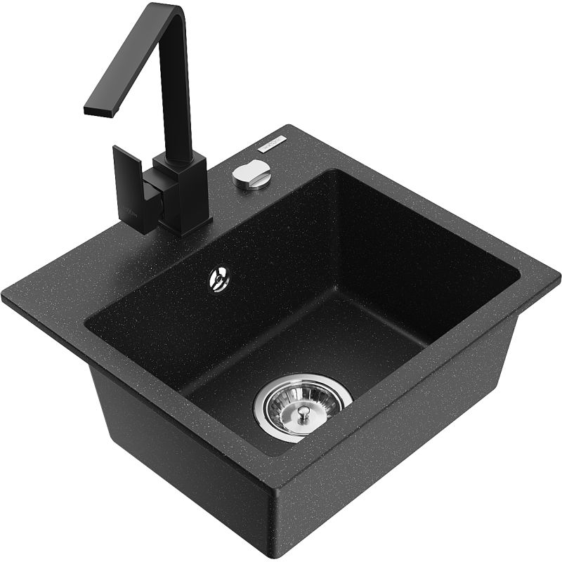 Zlewozmywak granitowy 1-komorowy Mexen Milo z baterią kuchenną Rita czarny/srebrny metalik - 6505-73-670300-70-B 1 szt.