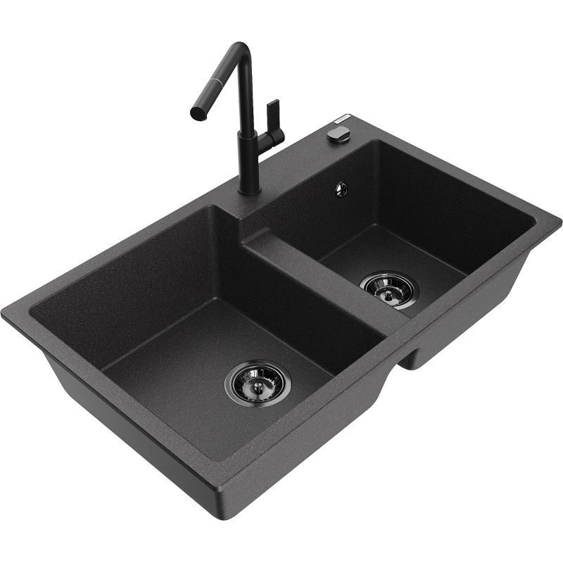Zlewozmywak granitowy 2-komorowy Mexen Tomas z baterią kuchenną Flora czarny nakrapiany 6516-76-670401-70-B