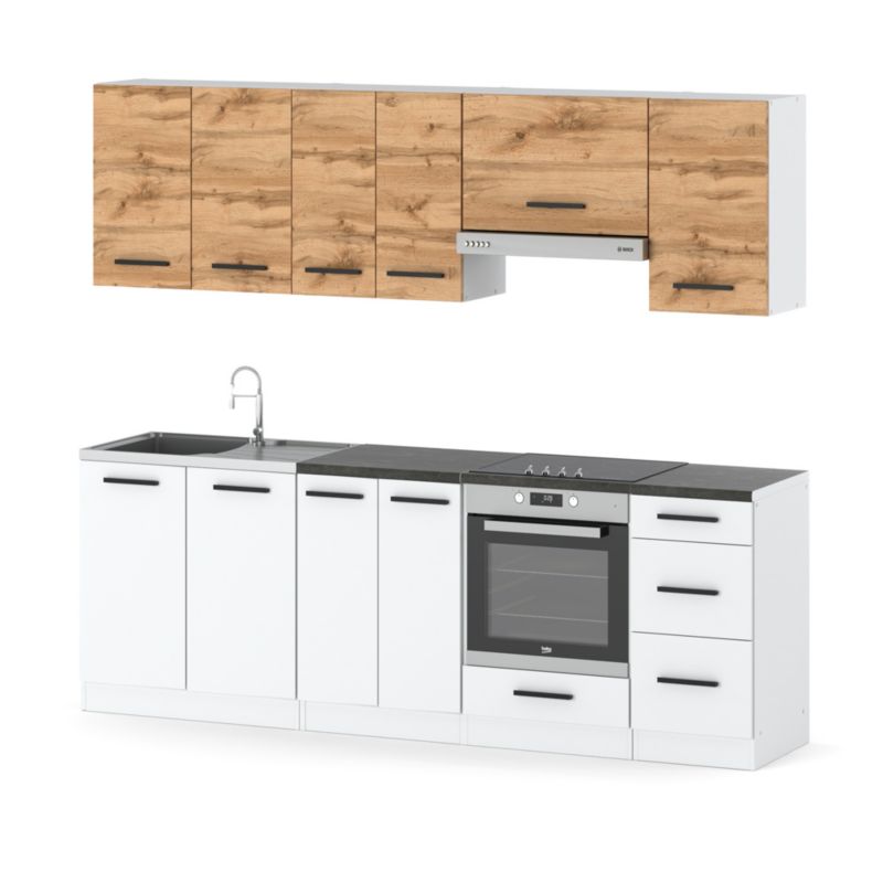 Zestaw Kuchenny Hurtownia-Mebli Z Blatem Kuchnia Mokka Plus 240cm Biały Mat Dąb Wotan/Biały Mat 240x47x145 cm 1szt.