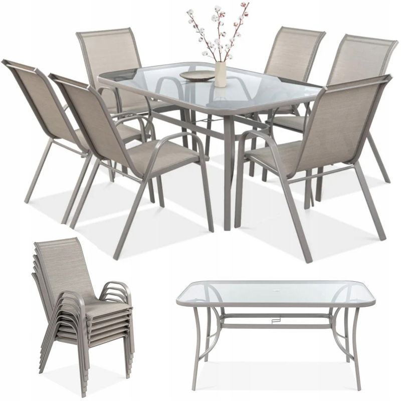 Zestaw Mebli Jadalnianych Focus Garden Ogrodowych Stół 150x90 6x Krzesło Bologna beż Beige 1 szt