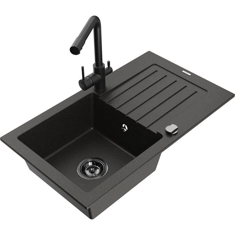 Zlewozmywak granitowy 1-komorowy Mexen Pablo z ociekaczem i baterią kuchenną Duero czarny/złoty metalik 6510-75-671600-70-B