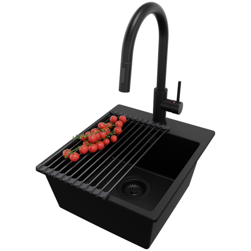 Zlewozmywak Granitowy Ryga Easy PRIMAGRAN Nablatowy 38x44cm do szafki od 40cm z Syfonem i Baterią i Dodatkiem Cały Czarny 1 szt.