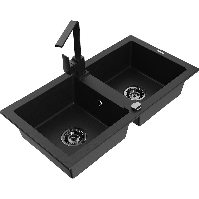 Zlewozmywak granitowy 2-komorowy Mexen Mario z baterią kuchenną Rita czarny nakrapiany - 6504-76-670300-70 1 szt.