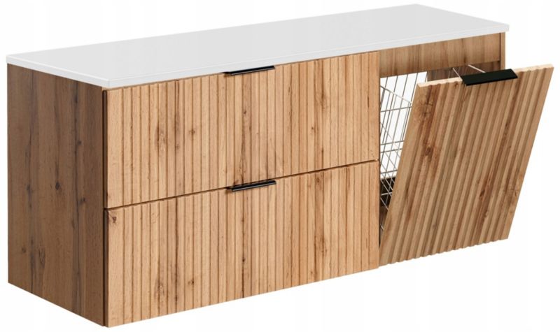 Szafka pod umywalkę Furnidea 120 cm ryflowana z koszem na pranie dąb Wotan z blatem białym Adel 1 szt.