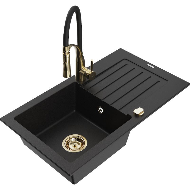 Zlewozmywak granitowy 1-komorowy Mexen Pablo z ociekaczem i baterią kuchenną Aster czarny 6510-77-73450-57-G