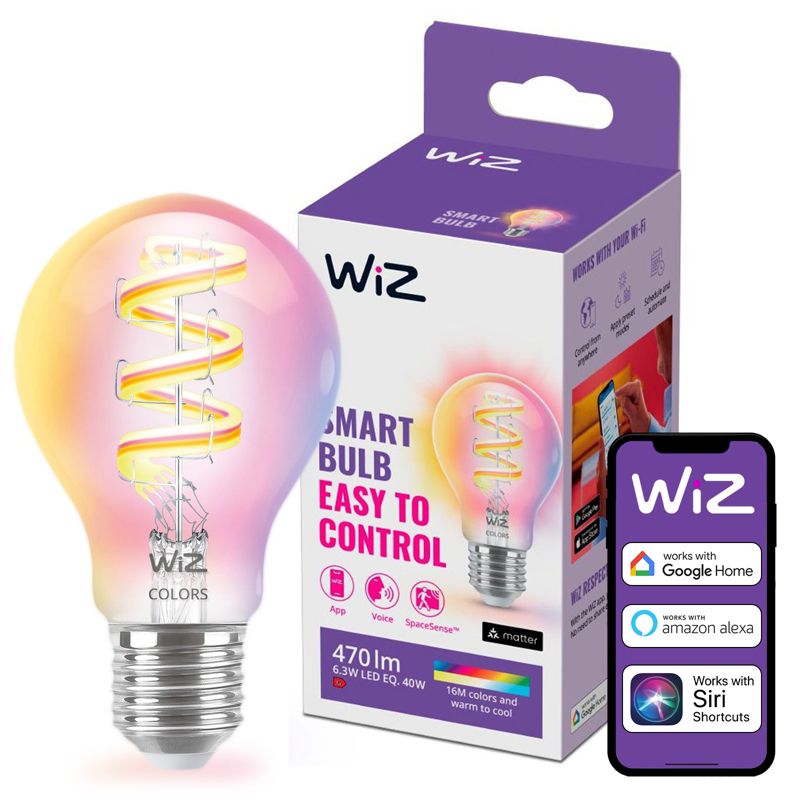 Żarówka LED WiZ E27 A60 6.3W 470lm 2200-6500K RGB TW Filament Inteligentna Smart WiFi Bluetooth Aplikacja 1 szt.