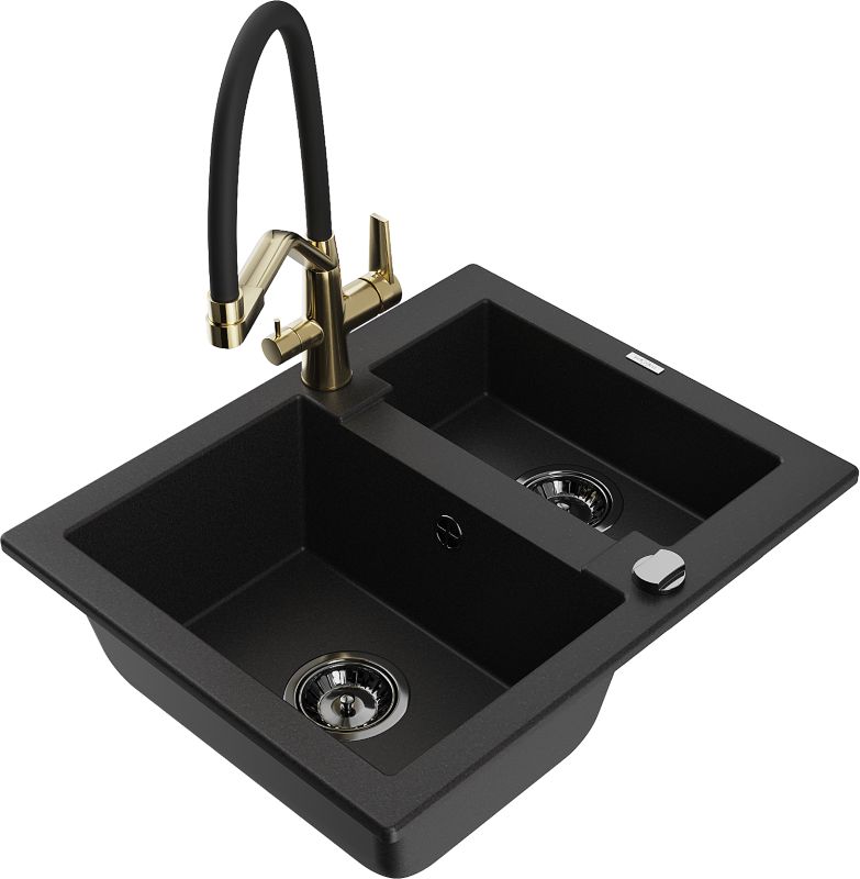 Zlewozmywak granitowy Mexen Carlos 1,5-komorowy z baterią kuchenną Duo czarny/srebrny - 6518-73-671701-57-B 1 szt.