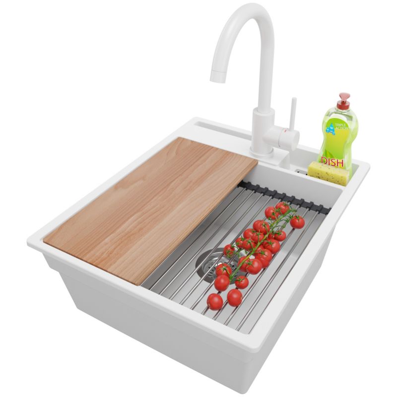 Zlewozmywak Granitowy Oslo Pocket PRIMAGRAN Nablatowy 43x53cm, Biały + Bateria + Syfon + Akcesorium, S102, 1 szt.