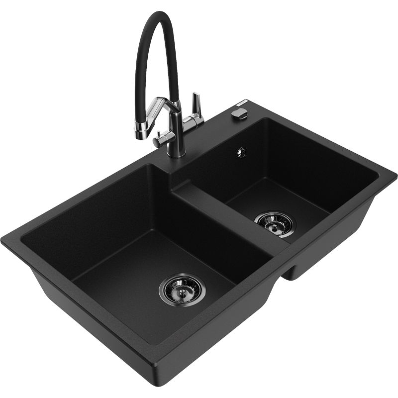 Zlewozmywak granitowy 2-komorowy Mexen Tomas z baterią kuchenną Duo czarny 6516-77-671701-07-B