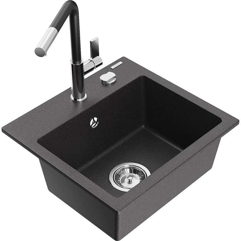 Zlewozmywak granitowy 1-komorowy Mexen Milo z baterią kuchenną Flora czarny nakrapiany 6505-76-670401-07