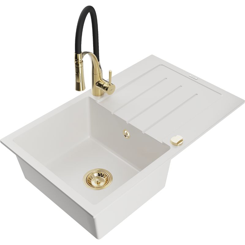 Zlewozmywak granitowy 1-komorowy Mexen Bruno z ociekaczem i baterią kuchenną Aster biały 6513-20-73450-57-G