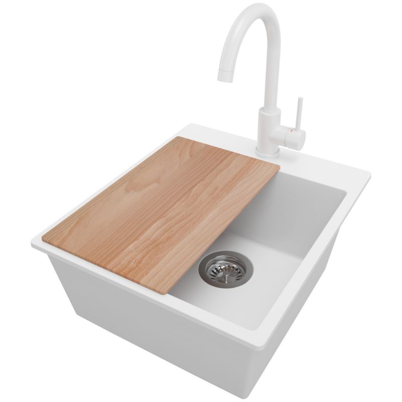 Zlewozmywak Granitowy Ryga PRIMAGRAN Nablatowy 43x50cm do szafki od 45cm z Syfonem i Baterią i Dodatkiem Biały 1 szt.