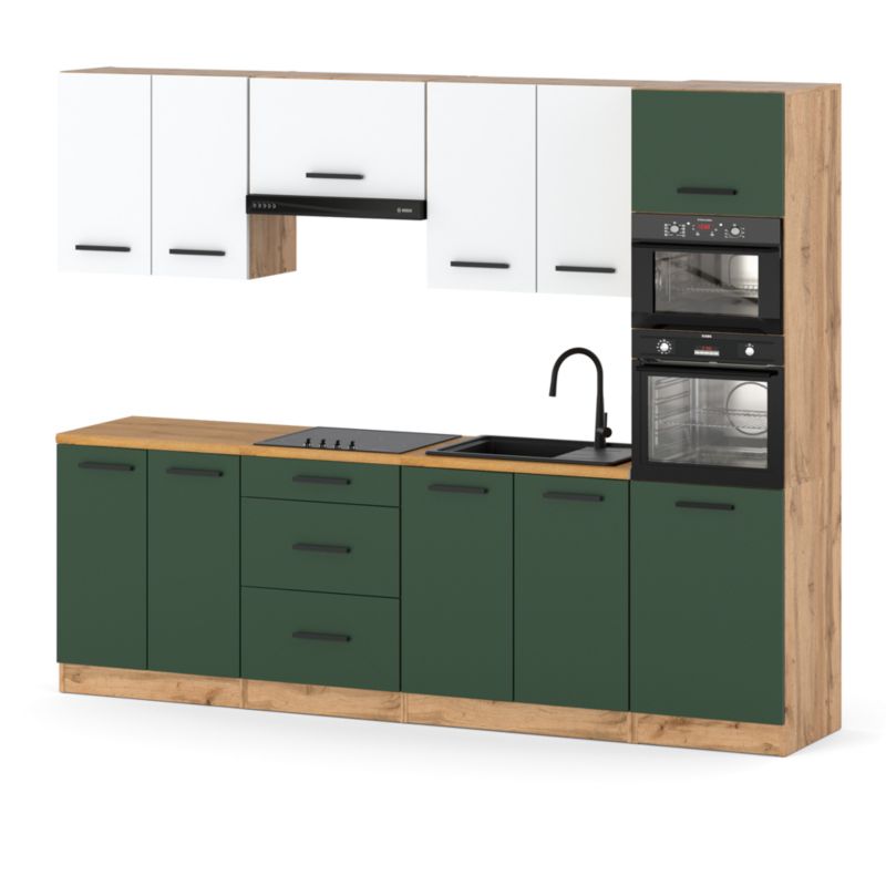 Zestaw Kuchenny Hurtownia-Mebli Z Blatem Kuchnia Marra 260cm Dąb Wotan Biały Mat/Butelkowa Zieleń 260x47x217 cm 1szt.