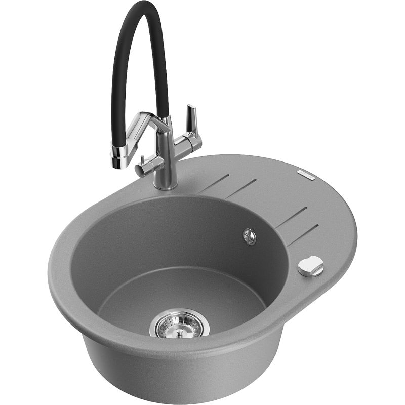 Zlewozmywak granitowy 1-komorowy Mexen Kevin z baterią kuchenną Duo szary 6517-71-671701-07