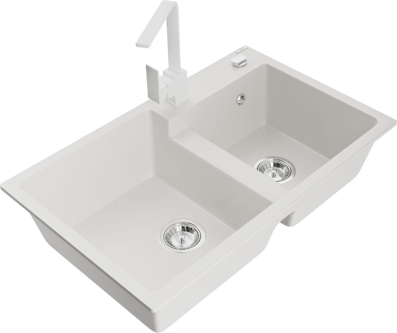 Zlewozmywak granitowy Mexen Tomas 2-komorowy z baterią kuchenną Rita biały - 6516-20-670300-70 1 szt.