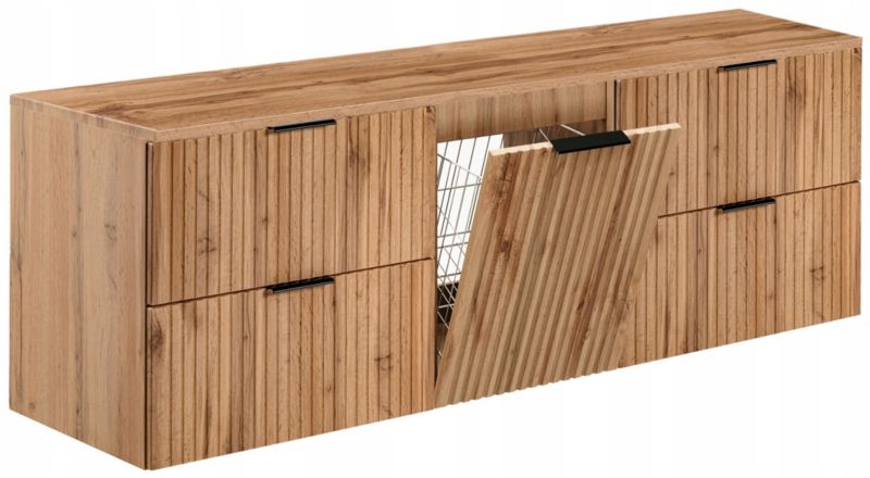 Szafka pod umywalkę Furnidea 160 cm ryflowana z koszem na pranie dąb Wotan z blatem dąb Wotan Adel 1 szt.