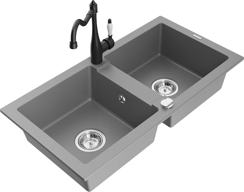 Zlewozmywak granitowy Mexen Mario 2-komorowy z baterią kuchenną Carla szary 6504-71-670700-70