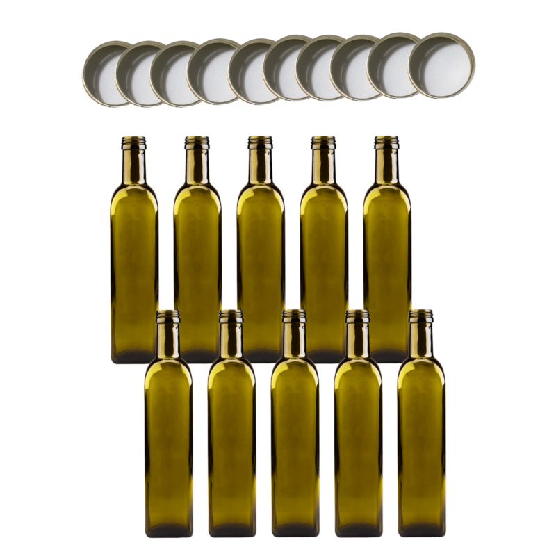 Butelki szklane MODO24 500 ml maraska kwadratowa zielona na olej i oliwę fi 31 z nakrętkami 10 szt.