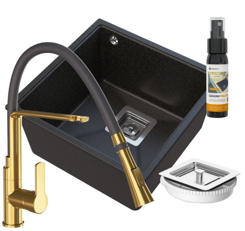Zlew Podwieszany Granitowy Granitan Złoty Zestaw Zlewozmywak Napo 42 cm Czarny Bateria Vegas Złota 1 kpl.