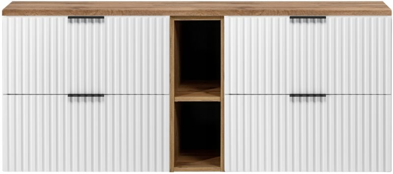 Szafka pod umywalkę łazienkowa Furnidea 140 cm wisząca 4 szuflady Flow dąb Wotan biała mat 1 szt.