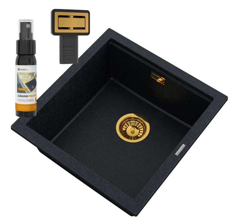 Zlewozmywak Granitowy Podwieszany Nablatowy Granitan Przelew Prostokątny Tuga48 Czarny z złotymi drobinkami 1 kpl.