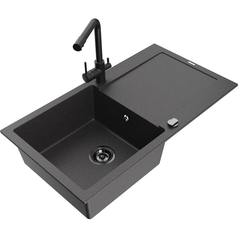 Zlewozmywak granitowy 1-komorowy Mexen Leo z ociekaczem i baterią kuchenną Duero czarny nakrapiany 6501-76-671600-70-B