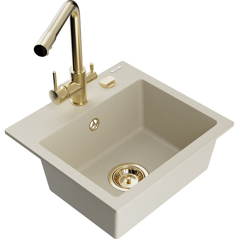 Zlewozmywak granitowy 1-komorowy Mexen Milo z baterią kuchenną Duero beżowy 6505-69-671600-50