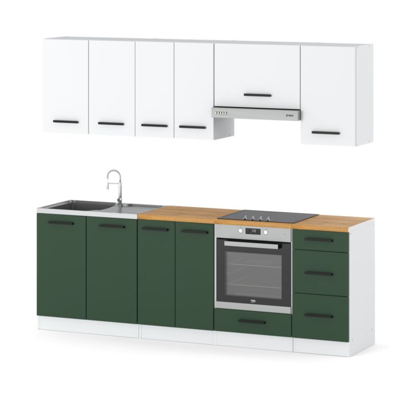 Zestaw Kuchenny Hurtownia-Mebli Z Blatem Kuchnia Mokka Plus 240cm Biały Mat Biały Mat/Butelkowa Zieleń 240x47x145 cm 1szt.