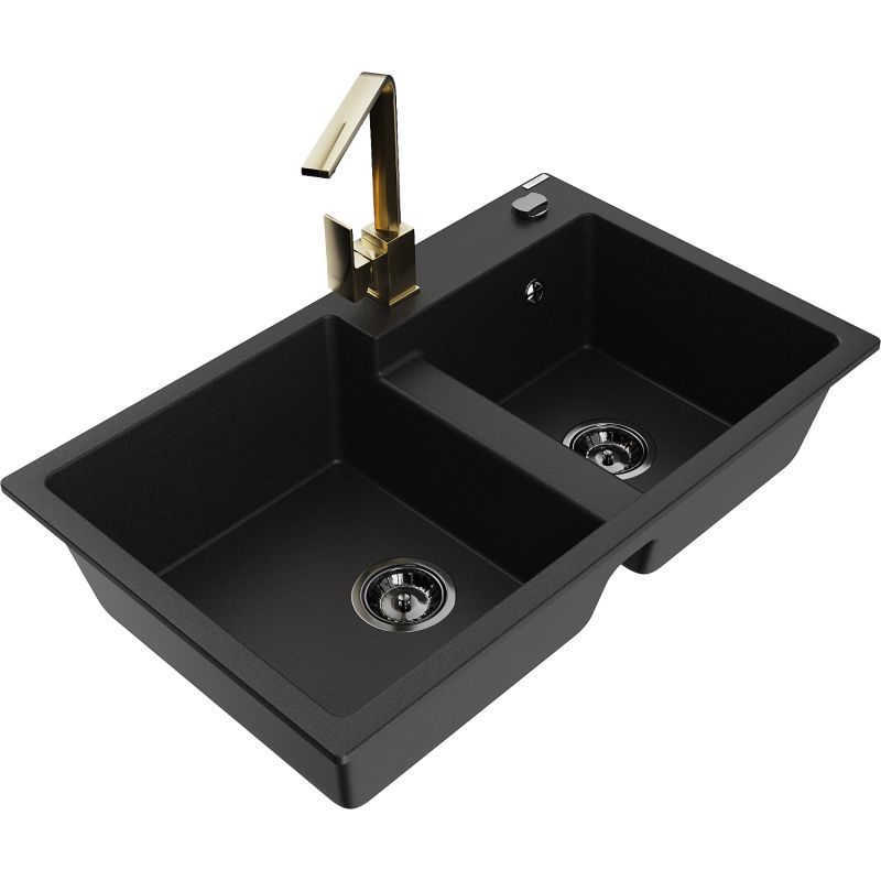 Zlewozmywak granitowy 2-komorowy Mexen Tomas z baterią kuchenną Rita czarny nakrapiany - 6516-76-670300-70-B 1 szt.