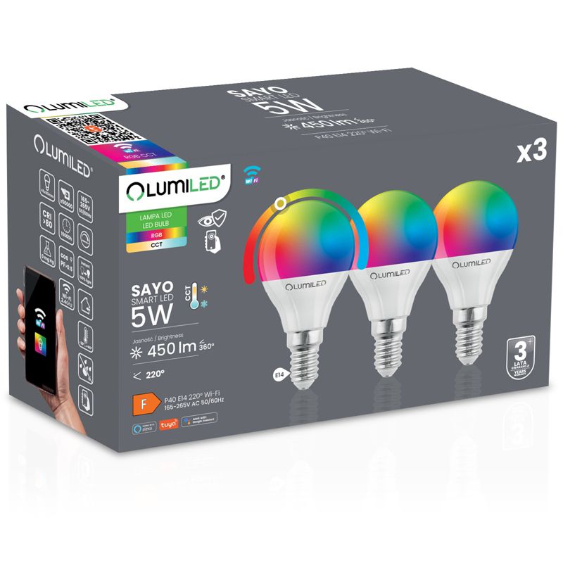 Żarówka LED Lumiled E14 P40 5W 450lm RGB CCT Ściemnialna Inteligentna Tuya WiFi Smart 3 szt.
