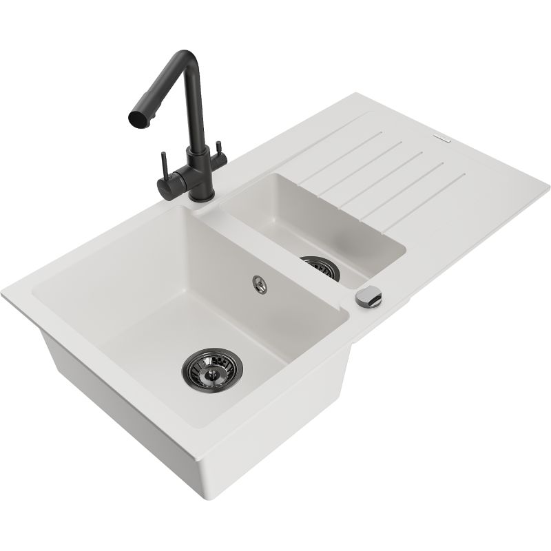 Zlewozmywak granitowy 1.5-komorowy Mexen Matias z ociekaczem i baterią kuchenną Duero czarny - 6502-77-671600-50 1 szt.