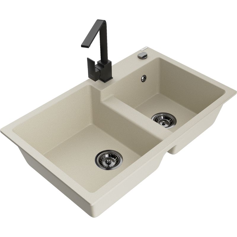 Zlewozmywak granitowy 2-komorowy Mexen Tomas z baterią kuchenną Rita beżowy - 6516-69-670300-50 1 szt.
