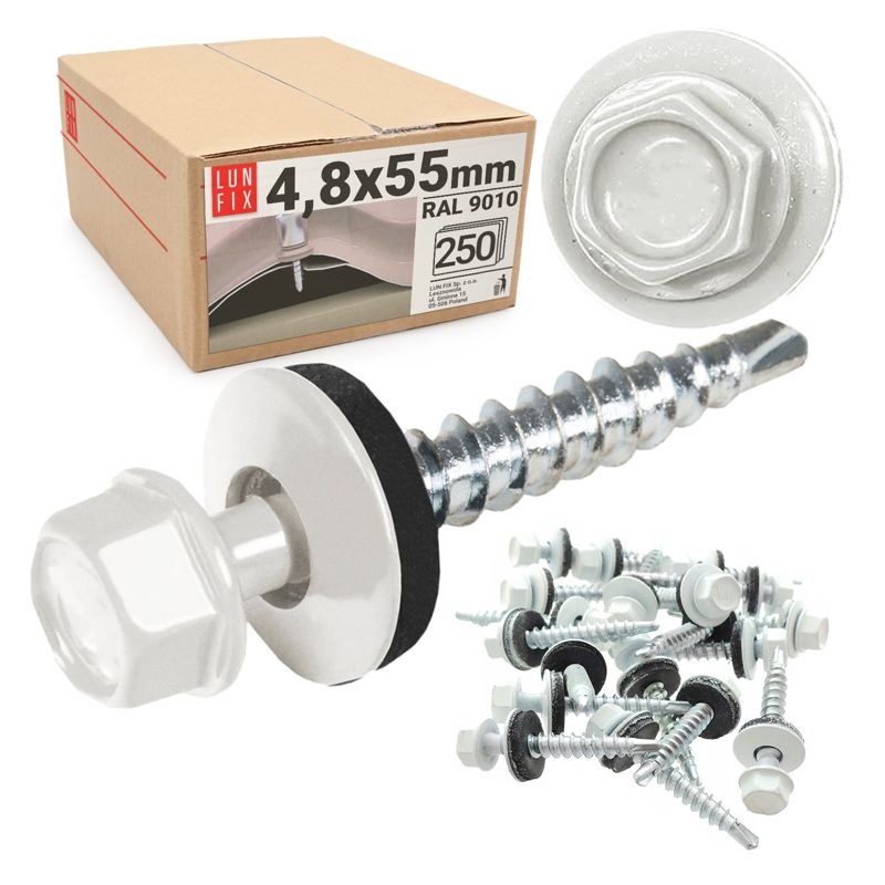 Blachowkręty Lun Fix wkręty farmerskie 4,8x55mm RAL910 biały ciepły 250szt.