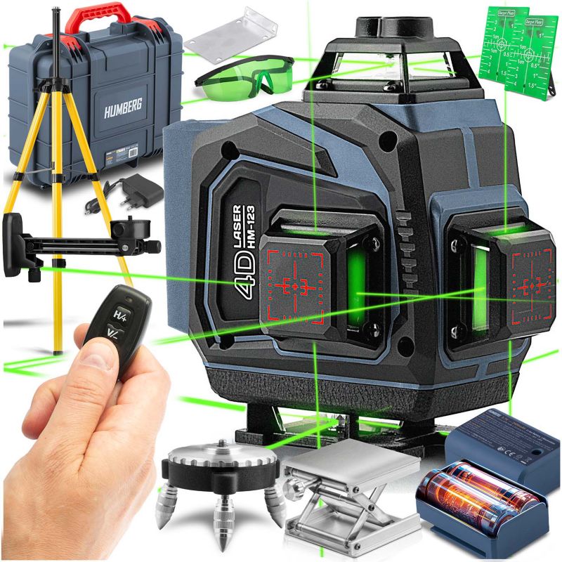 Poziomica laserowa Humberg laser krzyżowy 4D samopoziomujący 40m zestaw + statyw 1 szt.