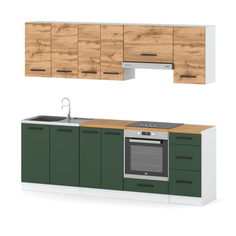 Zestaw Kuchenny Hurtownia-Mebli Z Blatem Kuchnia Mokka Plus 240cm Biały Mat Dąb Wotan/Butelkowa Zieleń 240x47x145 cm 1szt.