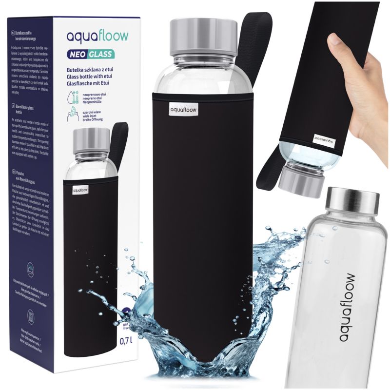 Butelka na wodę, AquaFloow, szklana, z neoprenowym etui, 700ml, bez BPA, szkło borokrzemowe, szczelna, czarny, 1szt