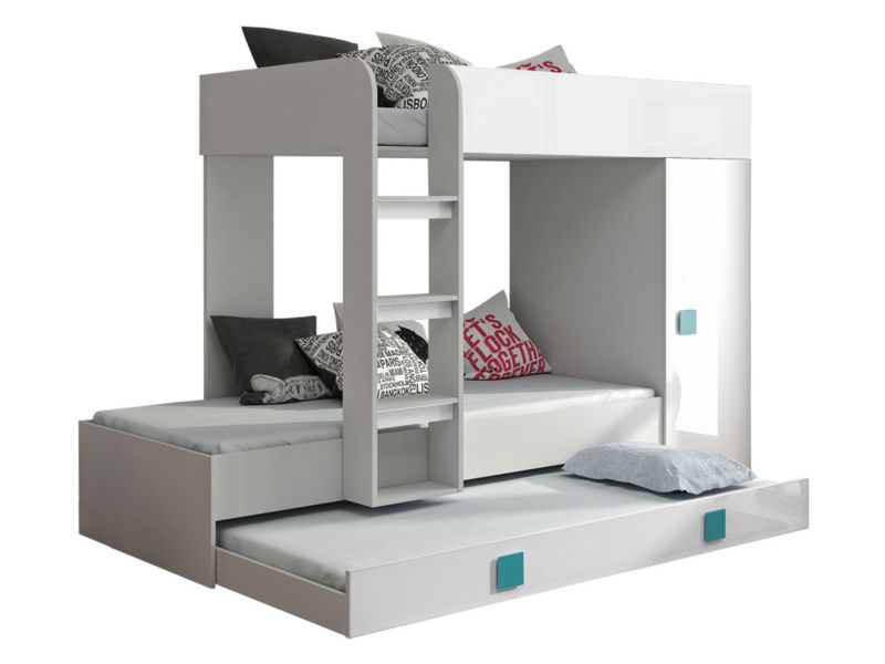 Łóżko piętrowe MIRJAN 24 Toledo 2 biały połysk + uchwyty turkusowe 1 kpl.