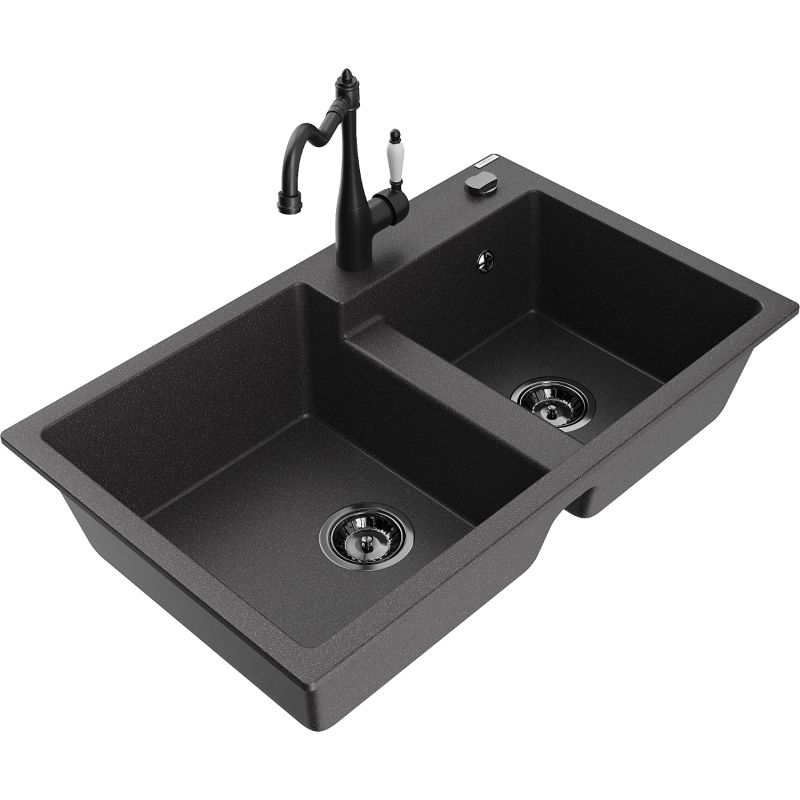 Zlewozmywak granitowy 2-komorowy Mexen Tomas z baterią kuchenną Carla czarny nakrapiany 6516-76-670700-70-B