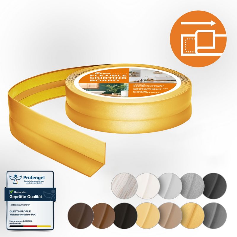 Listwa wykończeniowa PCV 15x15mm, QUEST, samoprzylepna, elastyczna, miękka taśma dekoracyjna, złoty, 15m
