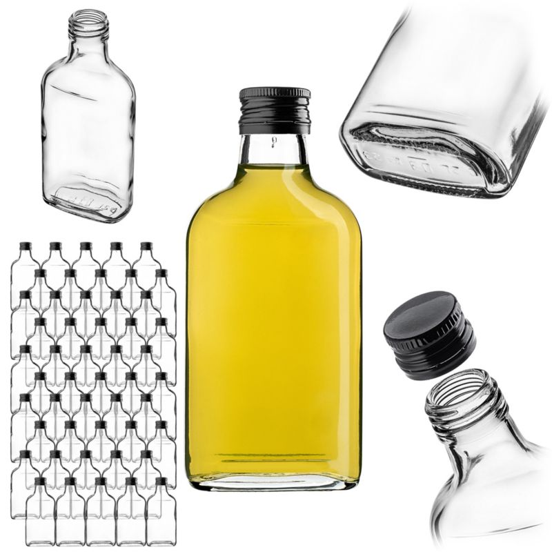 Butelka KADAX Szklana Piersiówka 200 ml Z Czarną Zakrętką 50 szt.