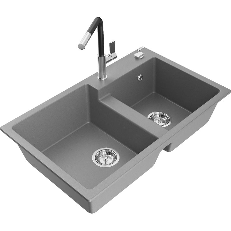 Zlewozmywak granitowy 2-komorowy Mexen Tomas z baterią kuchenną Flora szary - 6516-71-670401-07-B 1 szt.