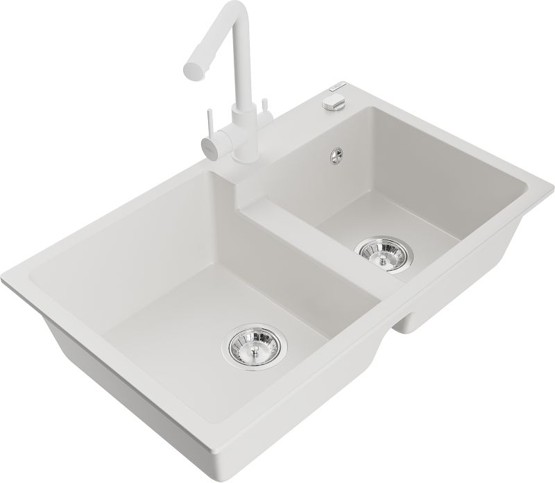 Zlewozmywak granitowy Mexen Tomas 2-komorowy z baterią kuchenną Duero biały - 6516-20-671600-50 1 szt.