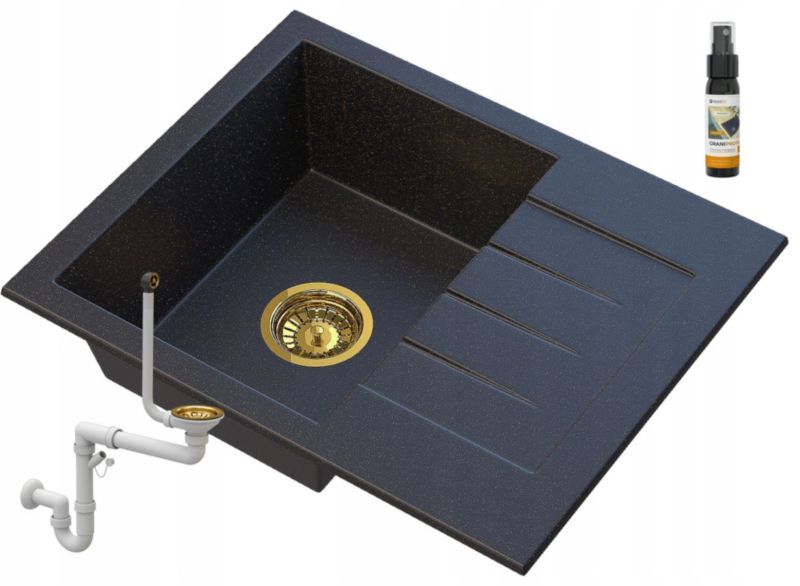 Zlewozmywak Granitowy Kuchenny Granitan Milano Czarny z Drobinkami Złotego z Syfonem 1kpl.