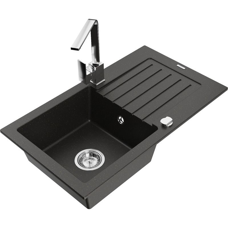 Zlewozmywak granitowy 1-komorowy Mexen Pablo z ociekaczem i baterią kuchenną Rita czarny/złoty metalik 6510-75-670300-00