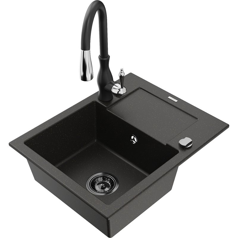 Zlewozmywak granitowy 1-komorowy Mexen Enzo z ociekaczem i baterią kuchenną Savita czarny/złoty metalik 6506-75-672601-70-B