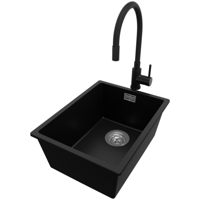 Zlewozmywak Granitowy Londyn Slim PRIMAGRAN Nablatowy 36x47cm do szafki od 40cm, Czarny + Bateria 40x38cm + Syfon, S053, 1 szt.