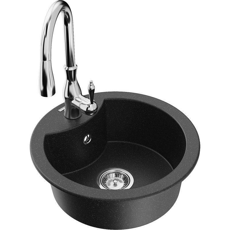 Zlewozmywak granitowy 1-komorowy Mexen Diego z baterią kuchenną Savita czarny/srebrny metalik - 6512-73-672601-70 1 szt.