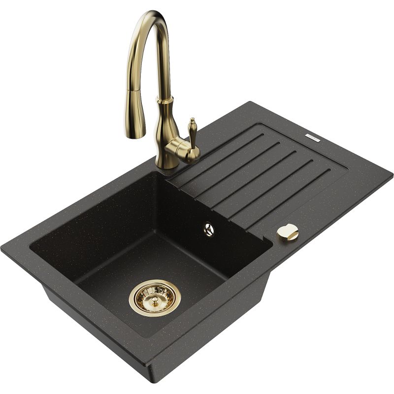 Zlewozmywak granitowy 1-komorowy Mexen Pablo z ociekaczem i baterią kuchenną Savita czarny/złoty metalik 6510-75-672601-50
